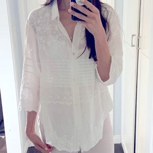 Solitaire Embroidered white lace button up shirt